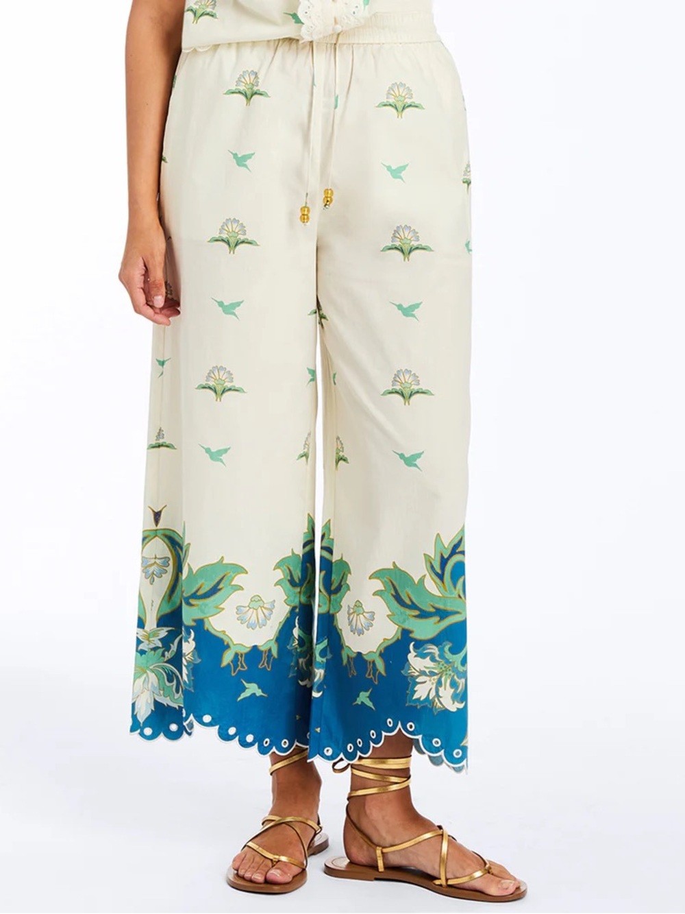 Mestiza Cortez Drawstring Wide-Leg Floral Border Print Pants